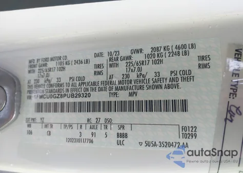 2023 Ford Escape Active из США, поврежденный, VIN 1FMCU0GZ8PUB29320